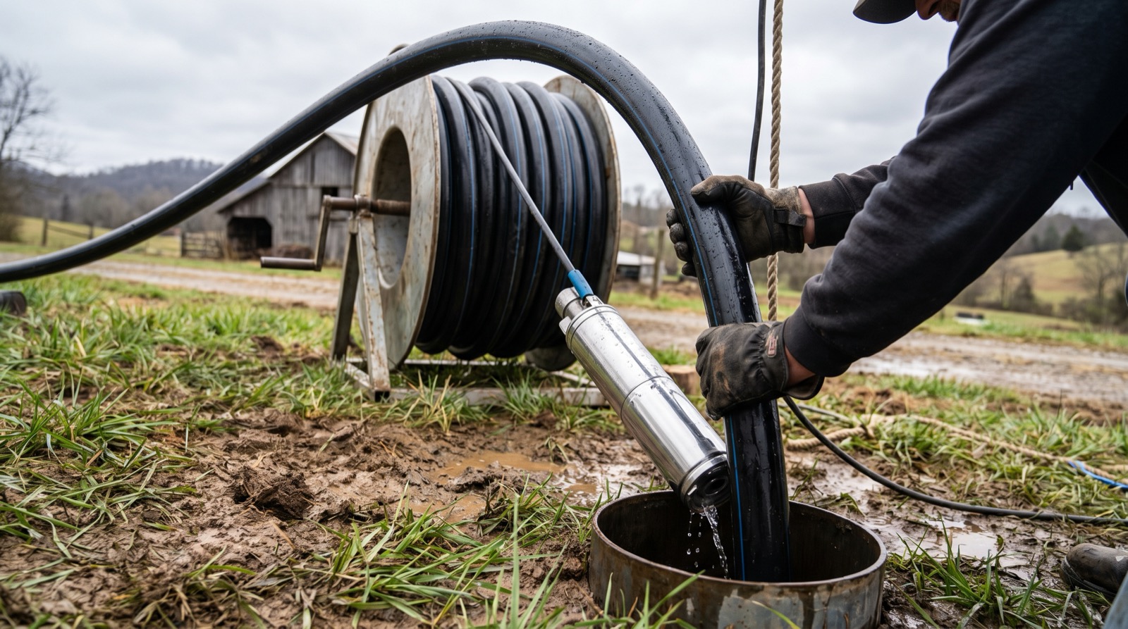 A submersible well pump being lifted from the casing on a reel, with drop pipe and safety rope coming up alongside it