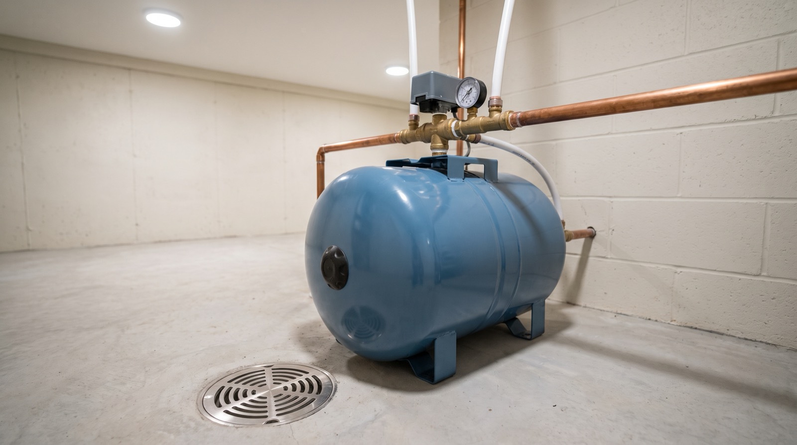 A blue captive-air pressure tank and pressure switch plumbed into a utility room wall